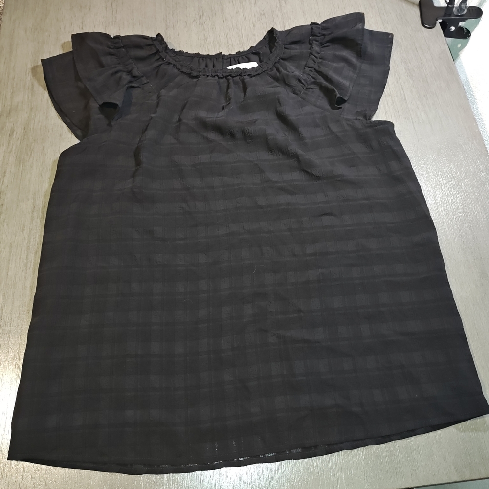 Loft Women's Short Sleeve Top, Black With Ruffles Size Medium